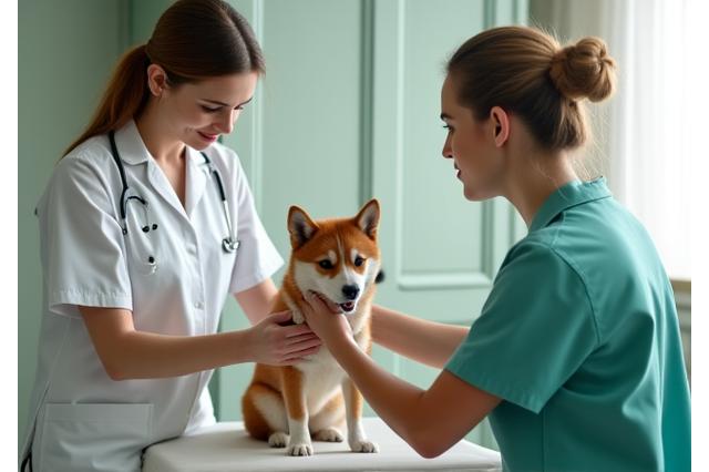 獣医師と熟練スタッフが犬を優しく診察