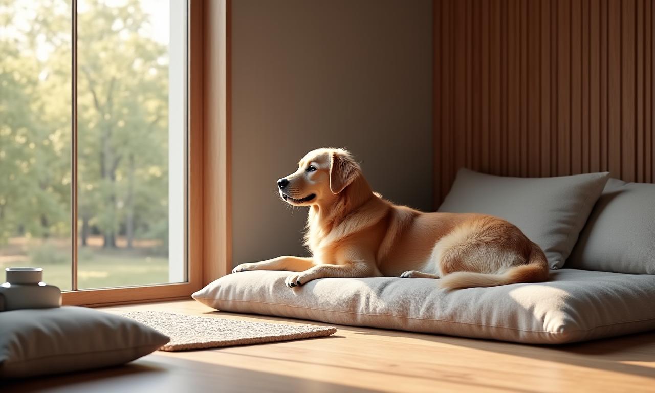 豪華なペットスイートでくつろぐ、穏やかな犬