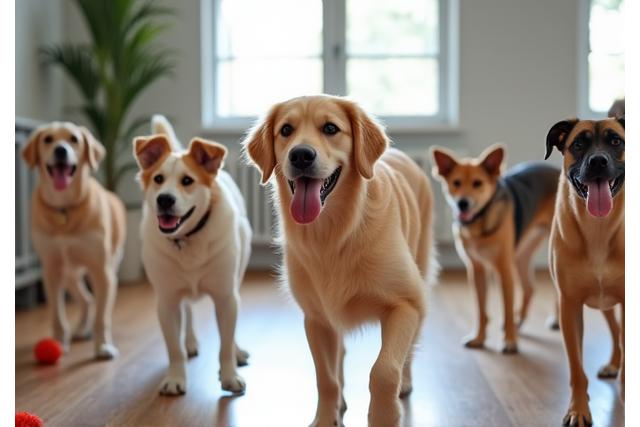 広々としたドッグデイケア施設で遊ぶ犬たち